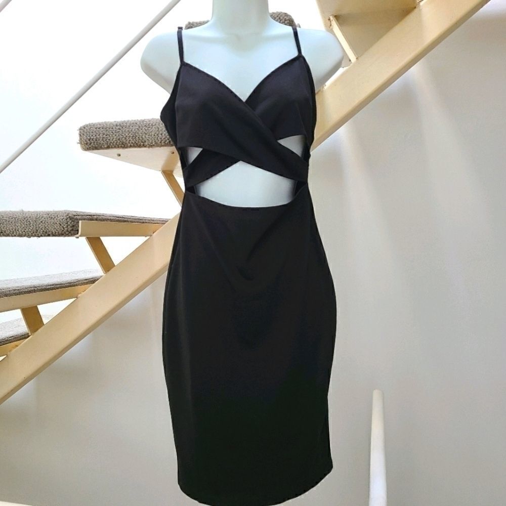 Stretchy Bodycon Cutout Black Midi Dress S
